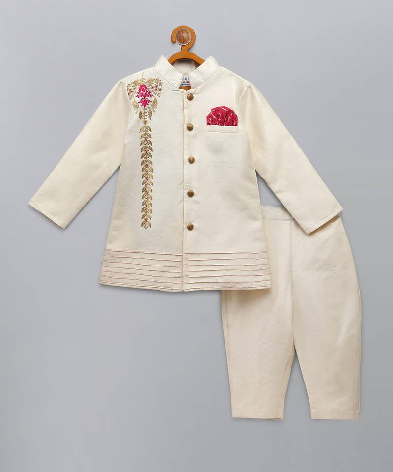 White embroidered raw silk Men Bandhgala and Pant