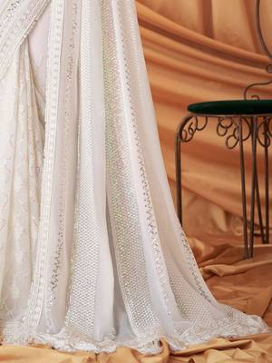 white embellished sequinned pure georgette saree 5