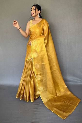 yellow yellow & gold-toned woven design zari tissue saree