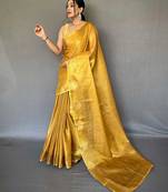 yellow yellow & gold-toned woven design zari tissue saree