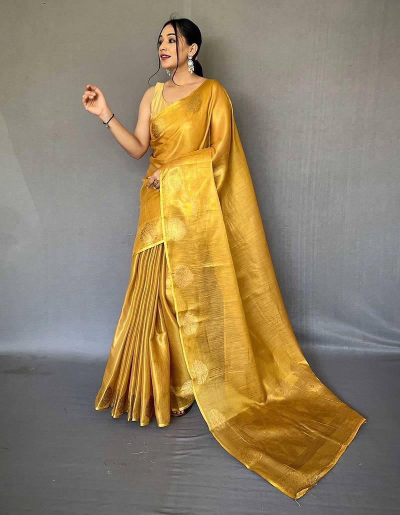 yellow yellow & gold-toned woven design zari tissue saree