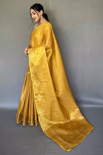 yellow yellow & gold-toned woven design zari tissue saree