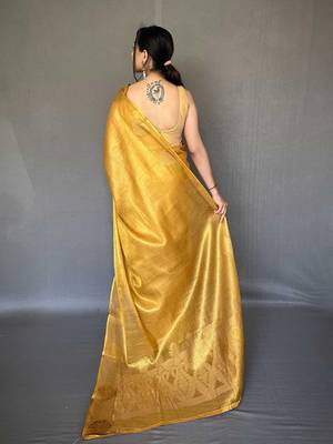 yellow yellow & gold-toned woven design zari tissue saree 3