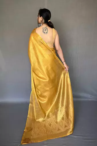 yellow yellow & gold-toned woven design zari tissue saree