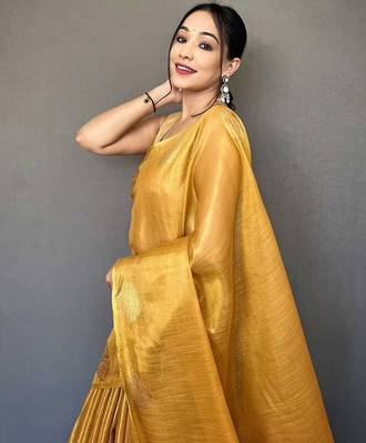 yellow yellow & gold-toned woven design zari tissue saree 4