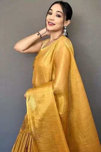 yellow yellow & gold-toned woven design zari tissue saree