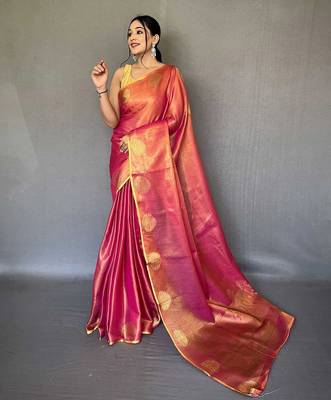 pink pink & gold-toned woven design zari tissue saree 1