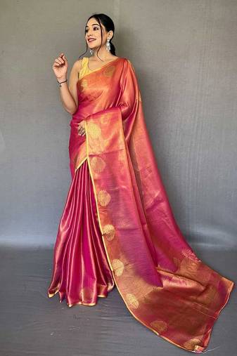 pink pink & gold-toned woven design zari tissue saree
