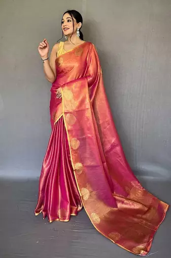 pink pink & gold-toned woven design zari tissue saree