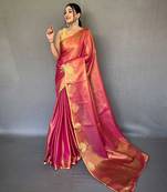 pink pink & gold-toned woven design zari tissue saree