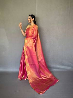 pink pink & gold-toned woven design zari tissue saree 2