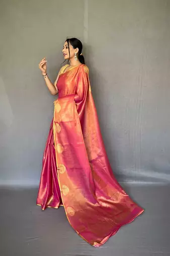pink pink & gold-toned woven design zari tissue saree