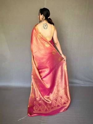 pink pink & gold-toned woven design zari tissue saree 3