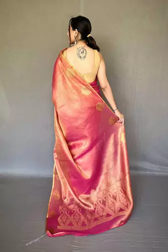 pink pink & gold-toned woven design zari tissue saree