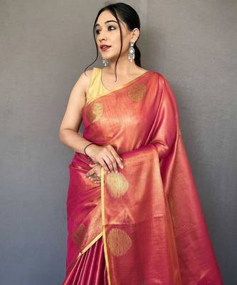pink pink & gold-toned woven design zari tissue saree 4