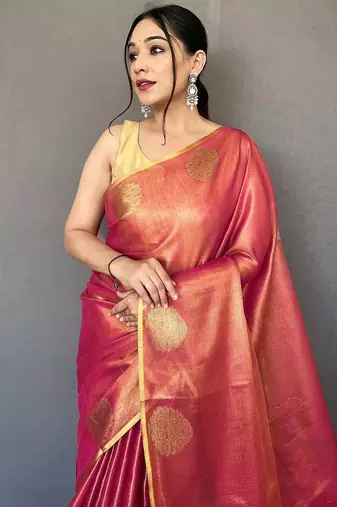pink pink & gold-toned woven design zari tissue saree