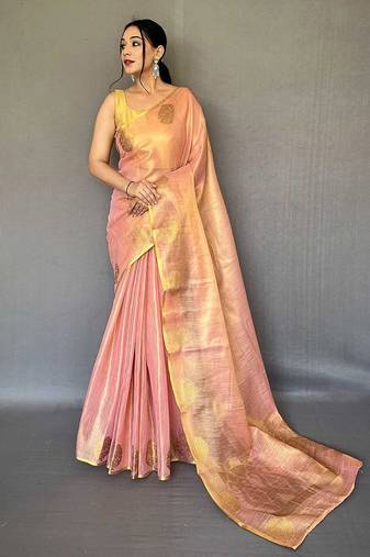 pink pink & gold-toned woven design zari tissue saree