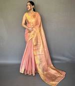 pink pink & gold-toned woven design zari tissue saree