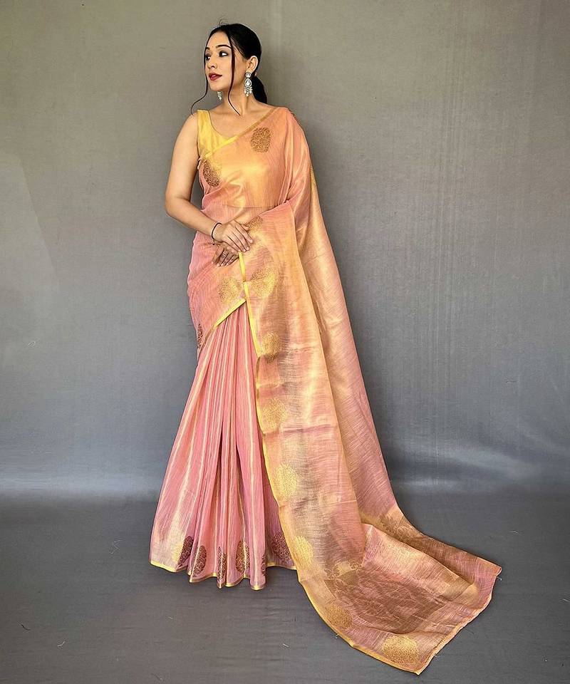 pink pink & gold-toned woven design zari tissue saree