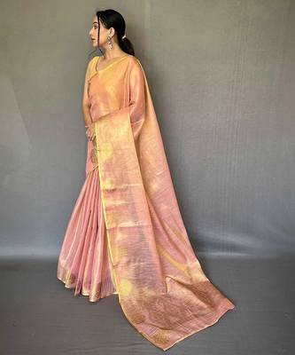 pink pink & gold-toned woven design zari tissue saree 2