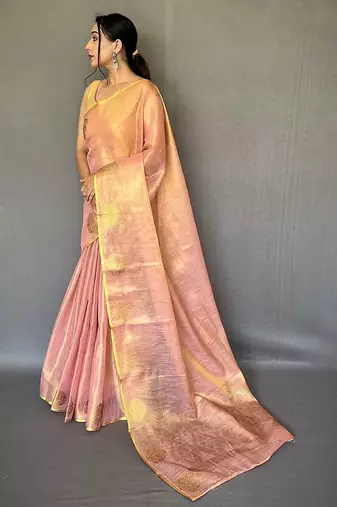 pink pink & gold-toned woven design zari tissue saree