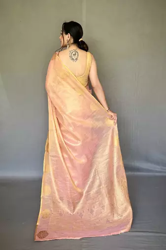 pink pink & gold-toned woven design zari tissue saree