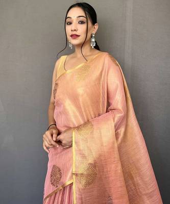 pink pink & gold-toned woven design zari tissue saree 4