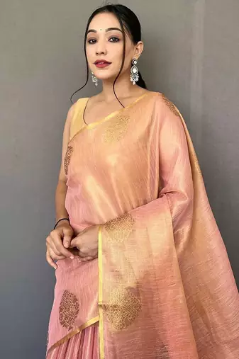 pink pink & gold-toned woven design zari tissue saree