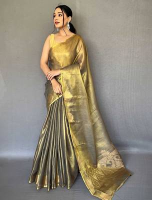 gold gold-toned woven design zari tissue saree 1