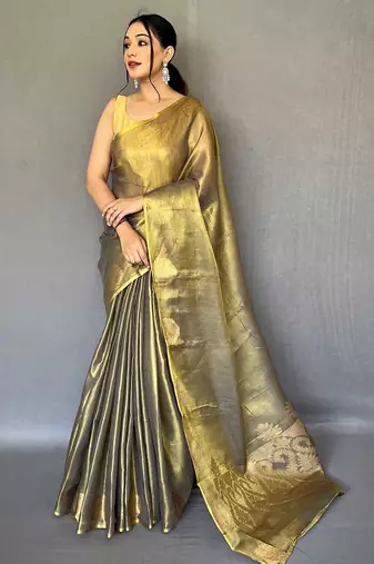 gold gold-toned woven design zari tissue saree