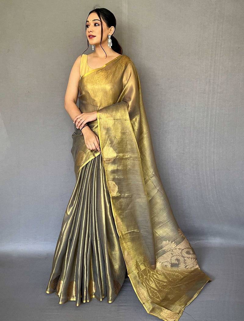 gold gold-toned woven design zari tissue saree
