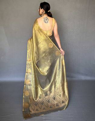 gold gold-toned woven design zari tissue saree 3