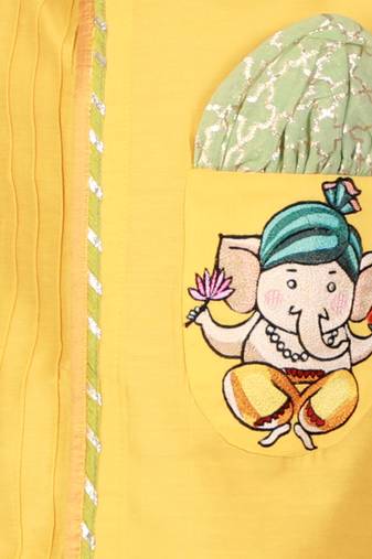 Mustard yellow embroidered cotton silk kurta dhoti set