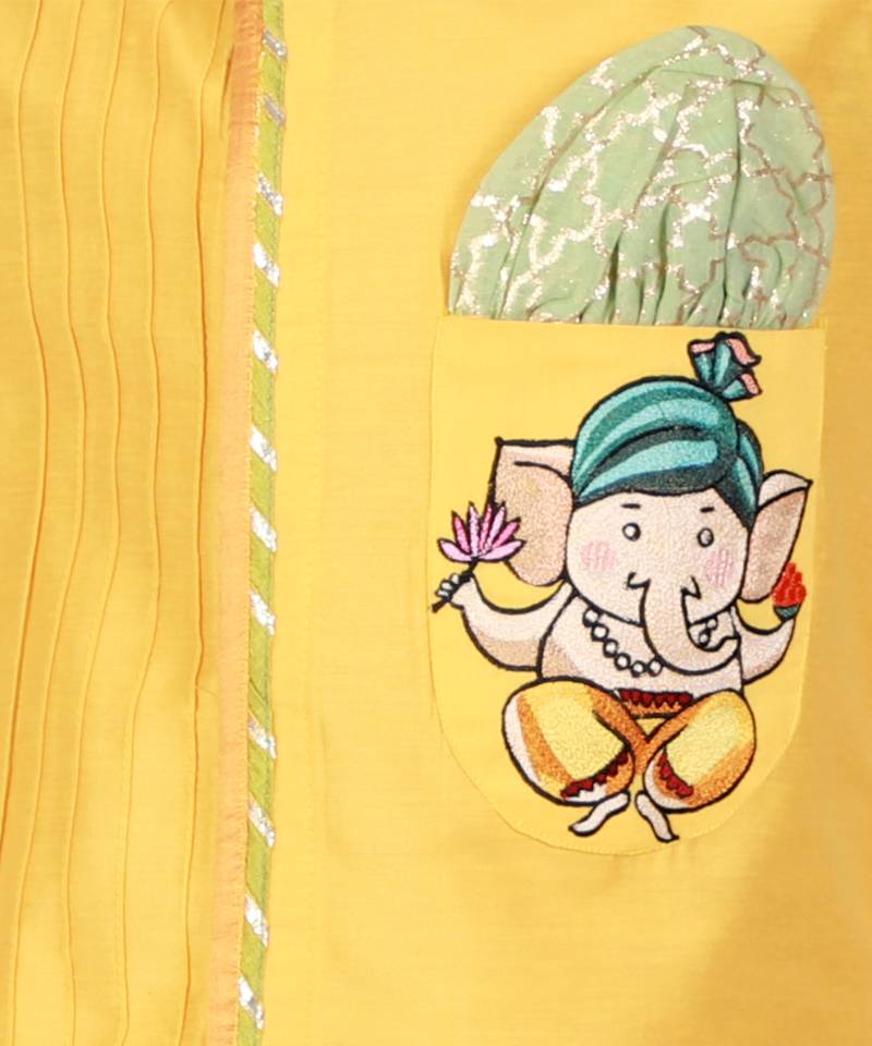 Mustard yellow embroidered cotton silk kurta dhoti set