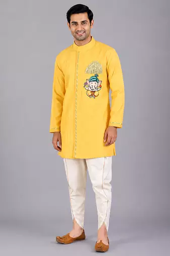 Mustard yellow embroidered cotton silk kurta dhoti set