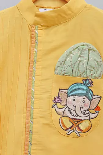 Mustard yellow embroidered cotton silk kurta dhoti set