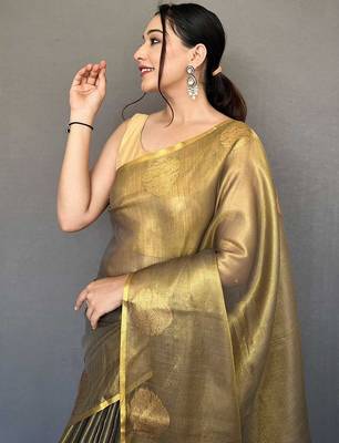 gold gold-toned woven design zari tissue saree 4