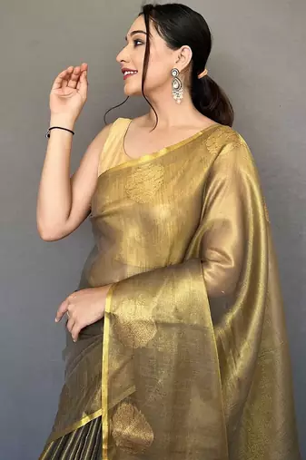 gold gold-toned woven design zari tissue saree