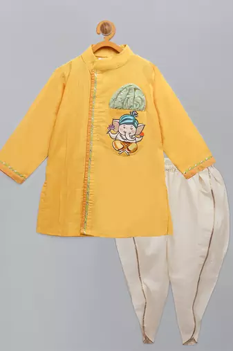 Mustard yellow embroidered cotton silk kurta dhoti set