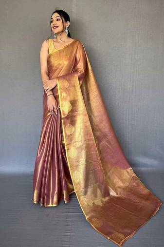 peach peach-coloured & gold-toned woven design zari tissue saree