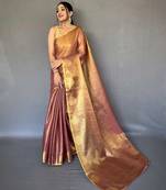 peach peach-coloured & gold-toned woven design zari tissue saree