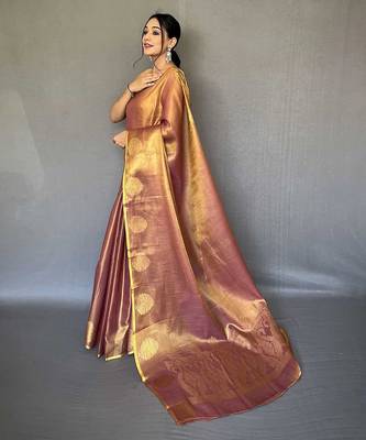 peach peach-coloured & gold-toned woven design zari tissue saree 2