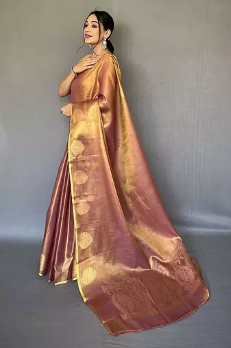 peach peach-coloured & gold-toned woven design zari tissue saree