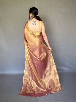 peach peach-coloured & gold-toned woven design zari tissue saree 3
