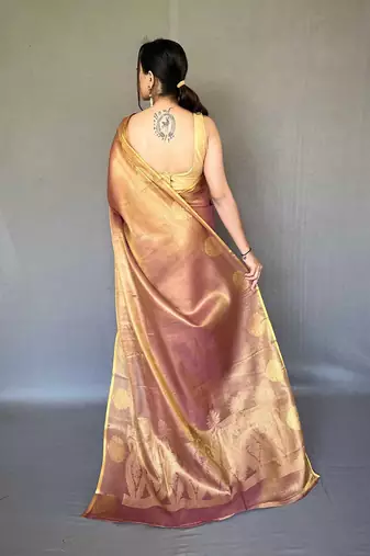 peach peach-coloured & gold-toned woven design zari tissue saree