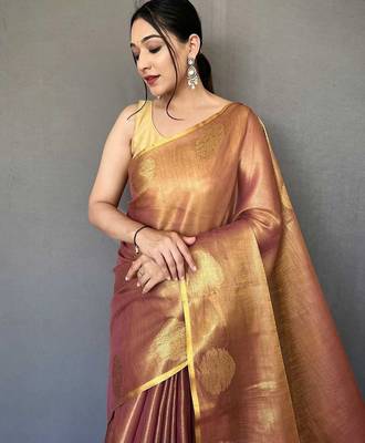 peach peach-coloured & gold-toned woven design zari tissue saree 4