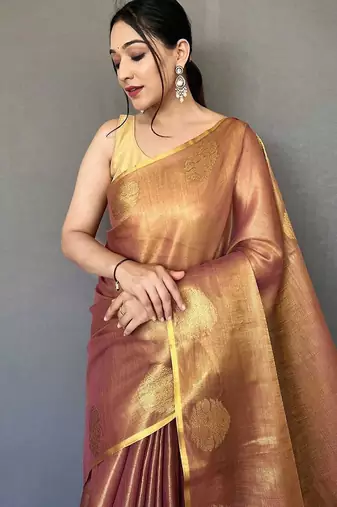 peach peach-coloured & gold-toned woven design zari tissue saree