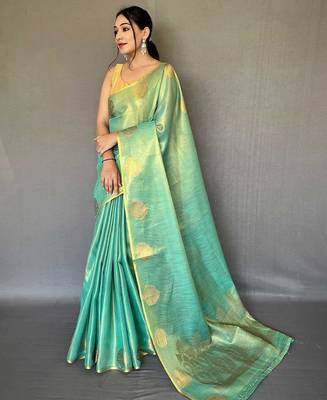 teal teal & gold-toned ethnic motifs woven design zari saree 1