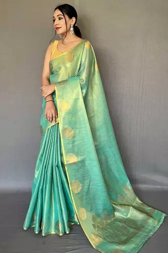 teal teal & gold-toned ethnic motifs woven design zari saree