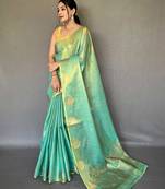 teal teal & gold-toned ethnic motifs woven design zari saree